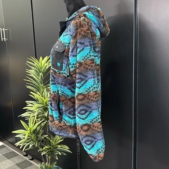 AriatTek Pullover Hoodie,Teddy Bear Fleece,Serape pattern,pockets,snap front - Picture 5 of 12